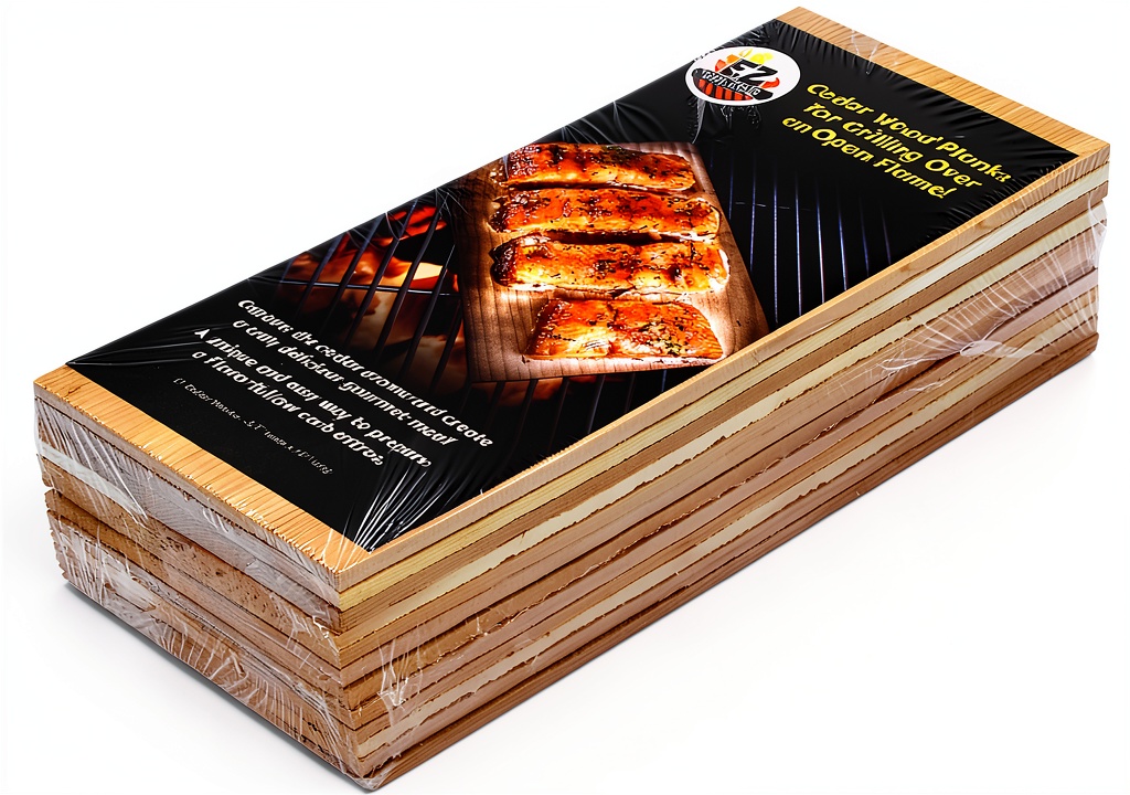 Cedar grilling planks arranged on a grill with salmon and vegetables