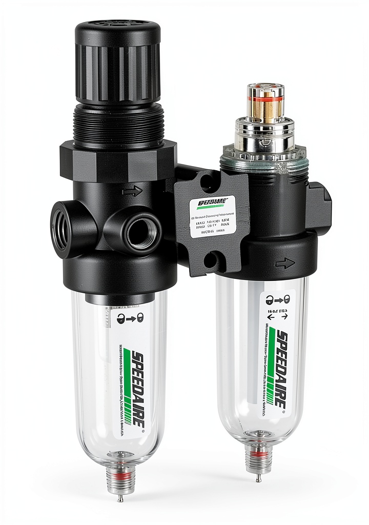 Speedaire Compressed Air Filter Regulator Lubricator installed in a workshop
