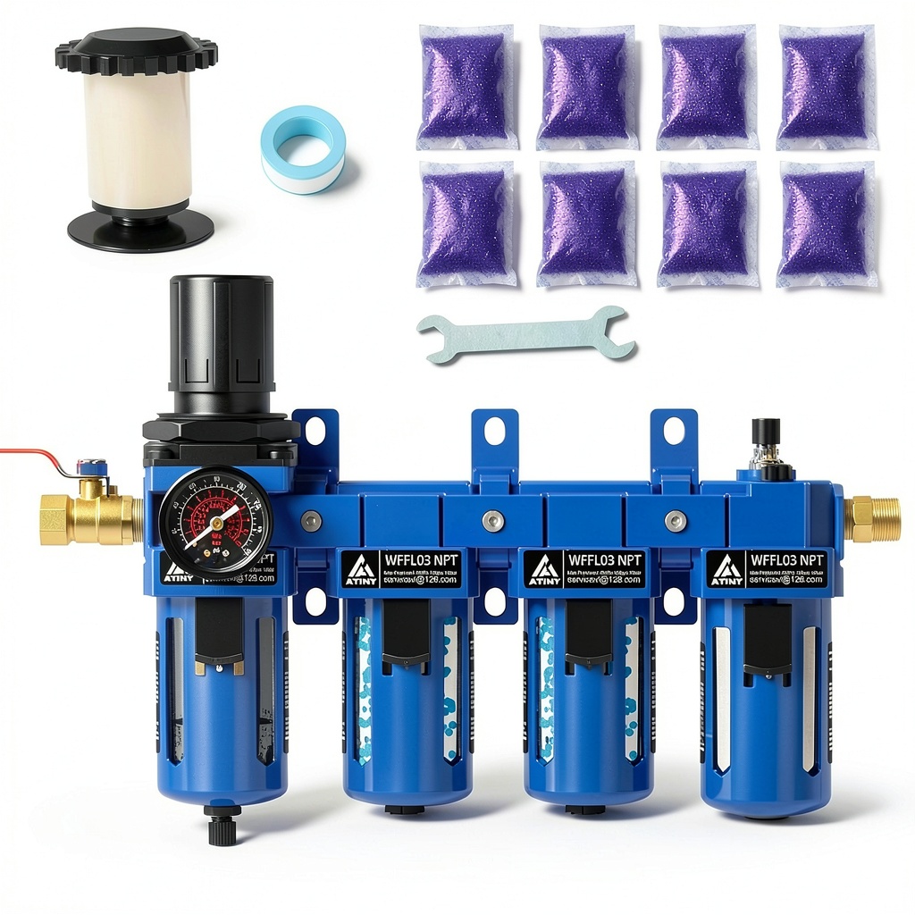 ATINY air compressor filter regulator lubricator installed in a workshop
